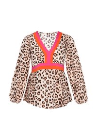 Lange mouw blouse met luipaardprint, V-hals en roze en oranje bies langs de halslijn en taille, losse pasvorm.