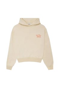 Sudadera con capucha color crema con un bolsillo frontal tipo canguro y texto bordado en naranja. Cuenta con capucha ajustable con cordón y puños acanalados.
