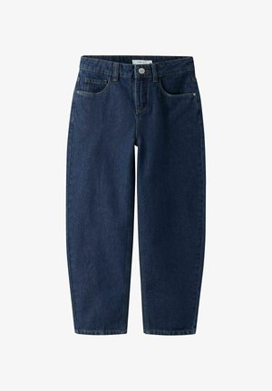 Jean denim bleu foncé coupe droite avec poches avant, passants de ceinture et fermeture par bouton à la taille.