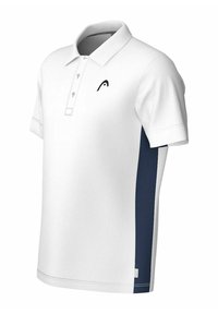 Polo blanco de manga corta con paneles laterales en azul marino, tapeta de tres botones, cuello y pequeño logo negro en el lado izquierdo del pecho.