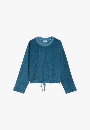 Blauer Sweatshirt aus Frottee mit langen Ärmeln, Rundhalsausschnitt und verstellbarem Kordelzug am Saum.