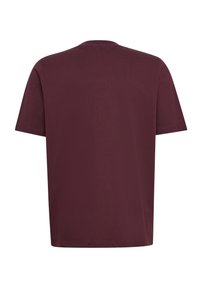 Bordeaux farvet bomulds t-shirt, korte ærmer, rund halsudskæring, glat tekstur, lige søm, ingen grafik eller mønstre, ensfarvet.