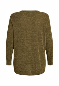 Dugi rukav tamnozeleni pleteni top s teksturiranim uzorkom i opuštenim krojem. Okrugli izrez i spuštena ramena povećavaju udobnost.