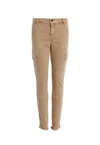 Pískové nákladní kalhoty s přiléhavým střihem, vybavené předními a bočními kapsami, třepeným lemem a zapínáním na knoflík. Vyrobené z odolné bavlněné směsi.