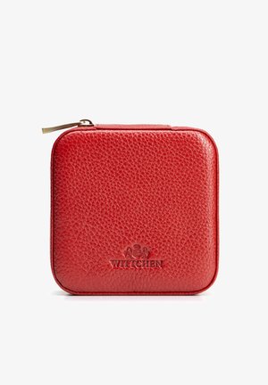 Portefeuille carré en cuir rouge texturé avec coins arrondis, fermeture éclair dorée et logo Wittchen embossé au centre avant.