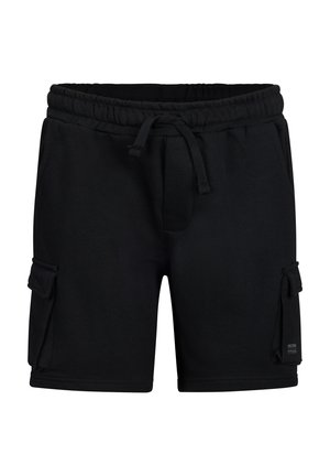 Schwarze Cargo-Shorts mit elastischem Bund, Kordelzug, seitlichen Klappentaschen und einem kleinen Etikett an der rechten Tasche.