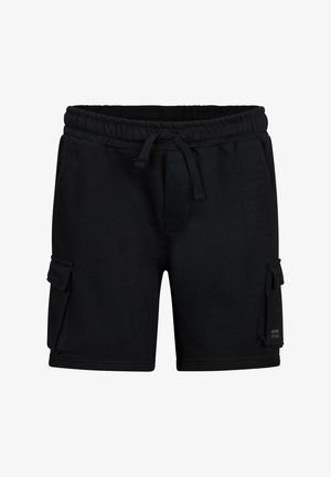 Czarne szorty cargo z elastycznym pasem, sznurkiem do regulacji, bocznymi kieszeniami z patkami oraz małą metką na prawej kieszeni.