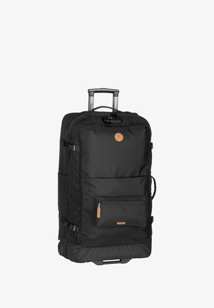 Black wheeled suitcase made of durable fabric, featuring a front zipper pocket, a leather accent tag, and a retractable handle.