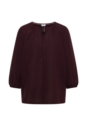 Blusa de manga larga burdeos oscuro con cuello redondo, cordón de amarre delantero y puños elásticos.