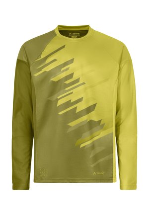 Long-sleeve lime green sports jersey with geometric diagonal pattern in darker green, round neck, and Vaude logo at bottom right.