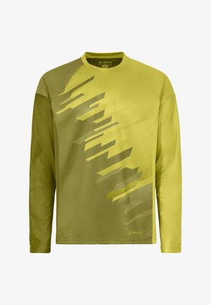 Long-sleeve lime green sports jersey with geometric diagonal pattern in darker green, round neck, and Vaude logo at bottom right.