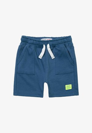 Shorts bleumarin dintr-un material texturat, cu talie elastică, șnur alb și două buzunare frontale; include o etichetă patch verde.
