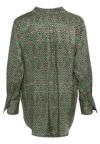 Blusa stampata con un motivo a diamante verde, nero e bianco. Maniche lunghe, collo rotondo e vestibilità rilassata con polsini con bottoni.