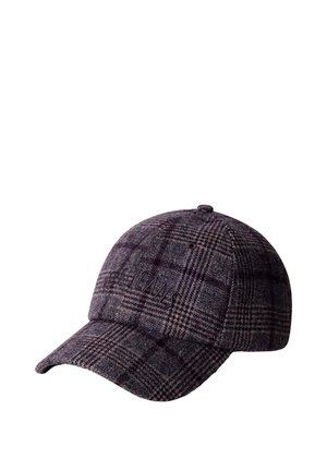 Casquette de baseball à carreaux gris foncé et violet avec une visière incurvée et un lettrage brodé discret sur le panneau avant.