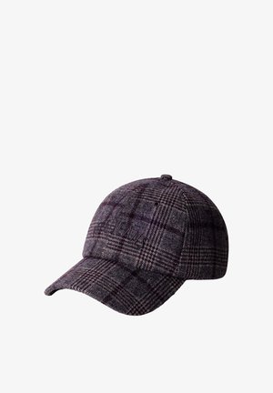 Casquette de baseball à carreaux gris foncé et violet avec une visière incurvée et un lettrage brodé discret sur le panneau avant.