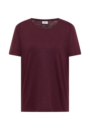 Kurzärmeliges, rundhalsiges T-Shirt in Bordeaux mit feiner Textur und "CECIL" Markenetikett am Kragen.