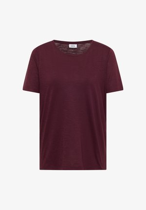 Kurzärmeliges, rundhalsiges T-Shirt in Bordeaux mit feiner Textur und "CECIL" Markenetikett am Kragen.