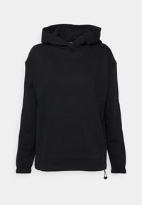 Felpa nera con cappuccio realizzata in tessuto morbido, con una tasca frontale, polsini a coste e una stampa logo discreta sul petto.