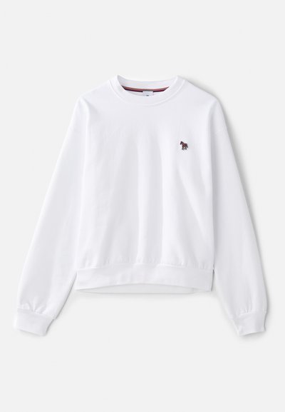 Felpa bianca con maniche lunghe, scollatura rotonda, polsini e fondo a costine. Presenta un piccolo logo di zebre colorato sul petto. Texture morbida.