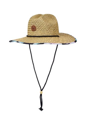 Szerokobrzmiący pleciony słomkowy kapelusz z czarnym paskiem pod brodę i dekoracyjną, wielokolorową lamówką, z małą okrągłą skórzaną naszywką na koronie.
