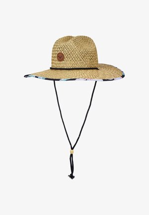 Szerokobrzmiący pleciony słomkowy kapelusz z czarnym paskiem pod brodę i dekoracyjną, wielokolorową lamówką, z małą okrągłą skórzaną naszywką na koronie.