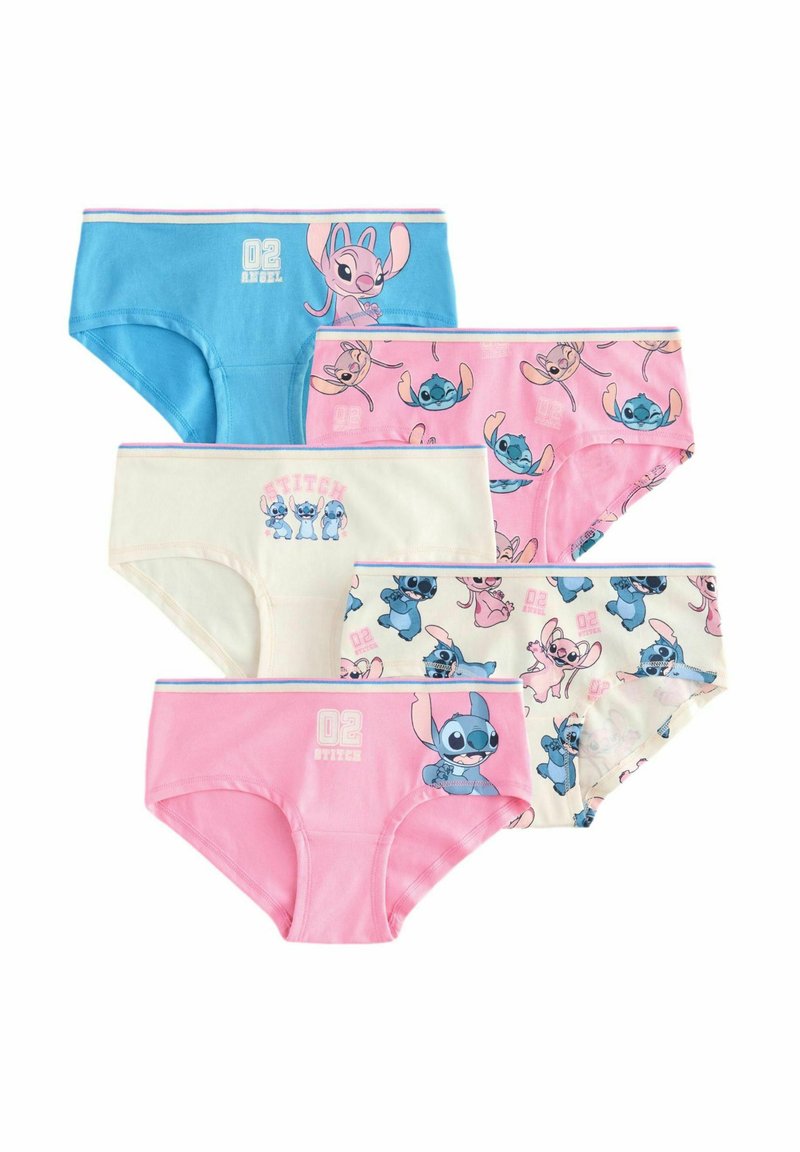 Viisi paria lasten alusvaatteita: siniset, vaaleanpunaiset ja valkoiset puuvillaiset, joissa on Stitch-hahmotulosteita. Varustettu erottuvilla vyötäröosuilla.