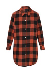Camicia a quadri rossa e nera, design con bottoni, maniche lunghe, orlo arrotondato, realizzata in tessuto morbido, con bottoni argentati lungo la parte anteriore.