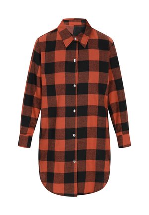 Camicia a quadri rossa e nera, design con bottoni, maniche lunghe, orlo arrotondato, realizzata in tessuto morbido, con bottoni argentati lungo la parte anteriore.