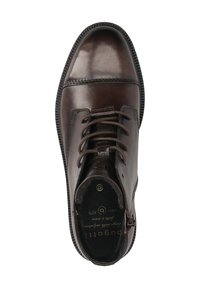 Braune Leder-Stiefelette mit glatter Oberfläche, abgerundeter Zehenpartie und Schnürdesign. Verfügt über eine strukturierte Sohle und dezente Nähdetails.