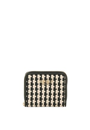 Portafoglio intrecciato in bianco e nero con chiusura a zip, caratterizzato da un logo dorato sulla parte anteriore. Texture liscia e forma rettangolare.