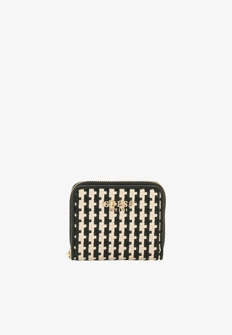 Portefeuille tissé noir et blanc avec fermeture à glissière, présentant un logo doré à l'avant. Texture lisse et forme rectangulaire.