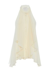 Blusa senza maniche di colore giallo chiaro realizzata in tessuto trasparente, con collo alto, chiusura con bottoni e dettagli a ruffle sovrapposti lungo i bordi.