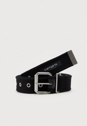 Cintura in tessuto intrecciato nero con fibbia in metallo argentato e asole, dotata di etichetta del logo Carhartt Work In Progress.