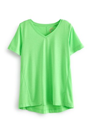 Bright green short-sleeve V-neck T-shirt with a slightly curved hem, displayed flat against a white background.