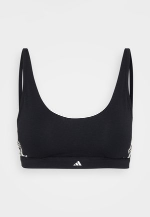 Soutien-gorge de sport noir avec bretelles larges, design à encolure dégagée et détail de logo. Fabriqué en tissu lisse avec une coupe ajustée et des accents latéraux discrets.