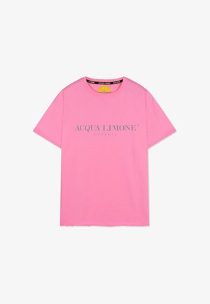 Rosa bomull t-shirt med kort ärm, rund krage och texten "ACQUA LIMONE classic" i grå tryck på framsidan.