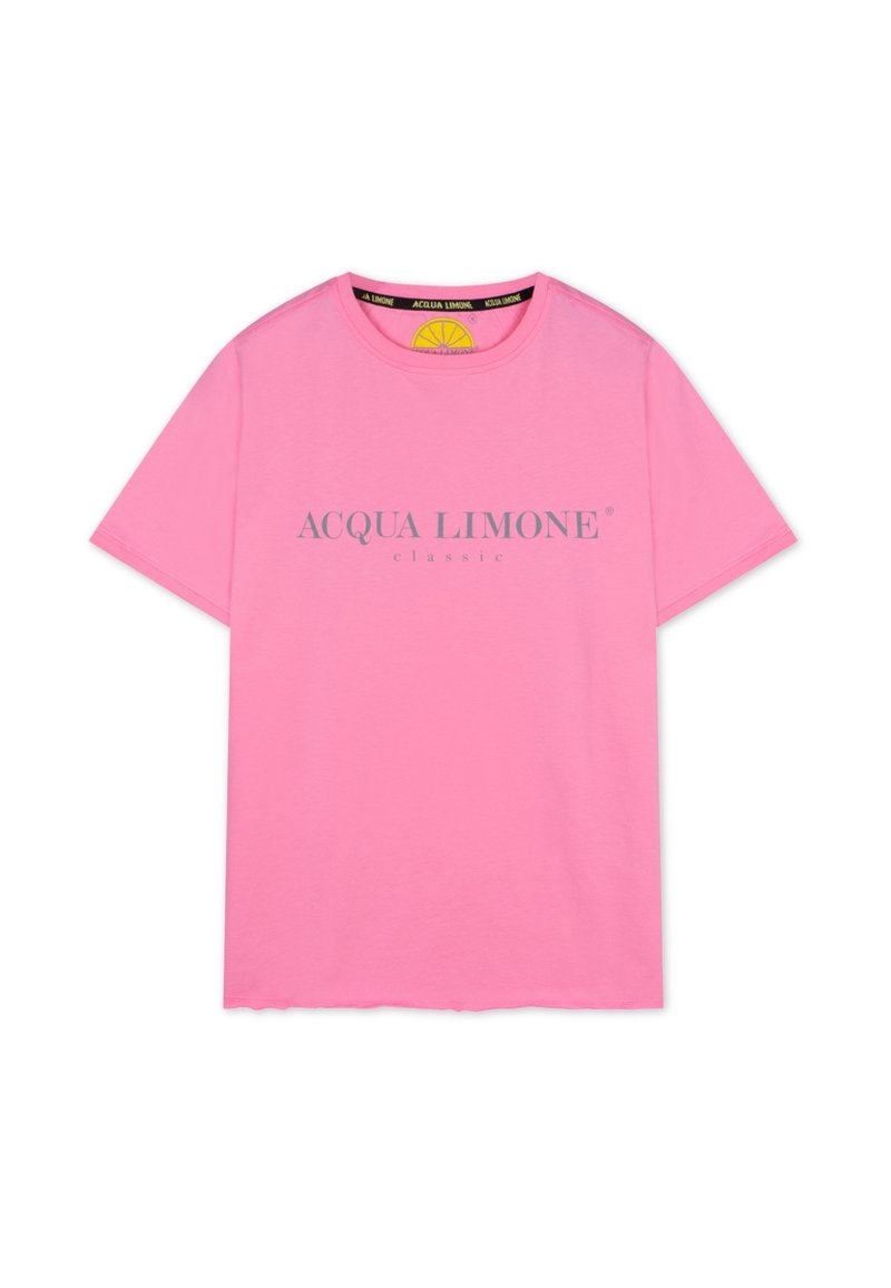 Rosa bomull t-shirt med kort ärm, rund krage och texten "ACQUA LIMONE classic" i grå tryck på framsidan.