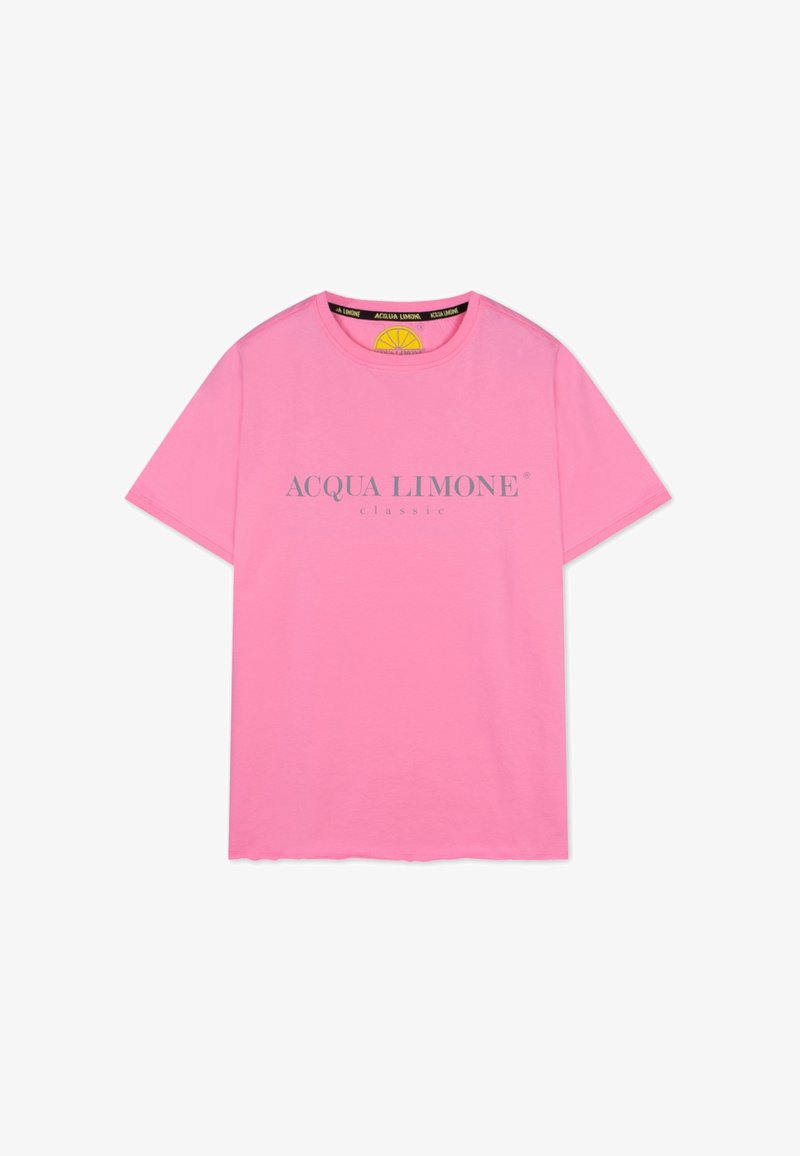 Rosa bomull t-shirt med kort ärm, rund krage och texten "ACQUA LIMONE classic" i grå tryck på framsidan.