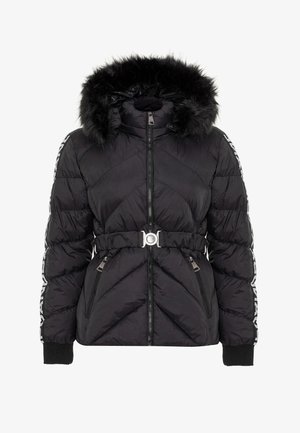 Schwarze Pufferjacke mit Kapuze aus Kunstpelz, taillierter Schnitt, diagonales Steppdesign und mit Reißverschlüssen ausgestattete Taschen. Gerippte Bündchen mit Logostickerei.