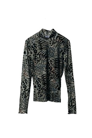 Maglia a maniche lunghe in un tessuto leggero e trasparente, caratterizzata da una stampa animalier grigia e nera, con design a collo alto pseudo e superficie testurizzata.