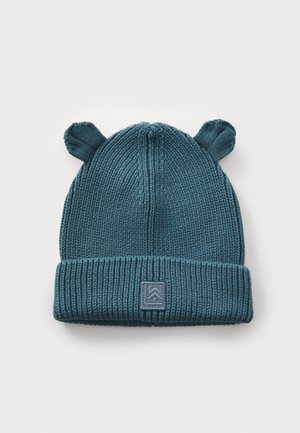 Knitted teal beanie featuring bear ears on top, ribbed texture, and a folded cuff with a small gray logo patch on the front.