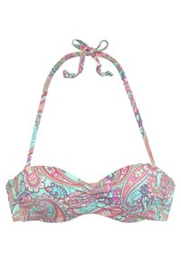 Bikini viršus, puošnus paisley raštu rožinės ir turkio atspalviuose, pagamintas iš tempimo medžiagos su kaklo rišimu, leidžiančiu reguliuoti dydį.