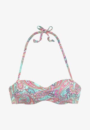 Bikini zgornji del z vzorcem paisley v odtenkih roza in turkizne, izdelan iz raztegljive tkanine z vezalkami za prilagodljivost.