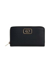 Portafoglio nero realizzato in materiale testurizzato, con una chiusura e un tirante della cerniera in tonalità dorata. Design rettangolare liscio con accenti minimalisti.