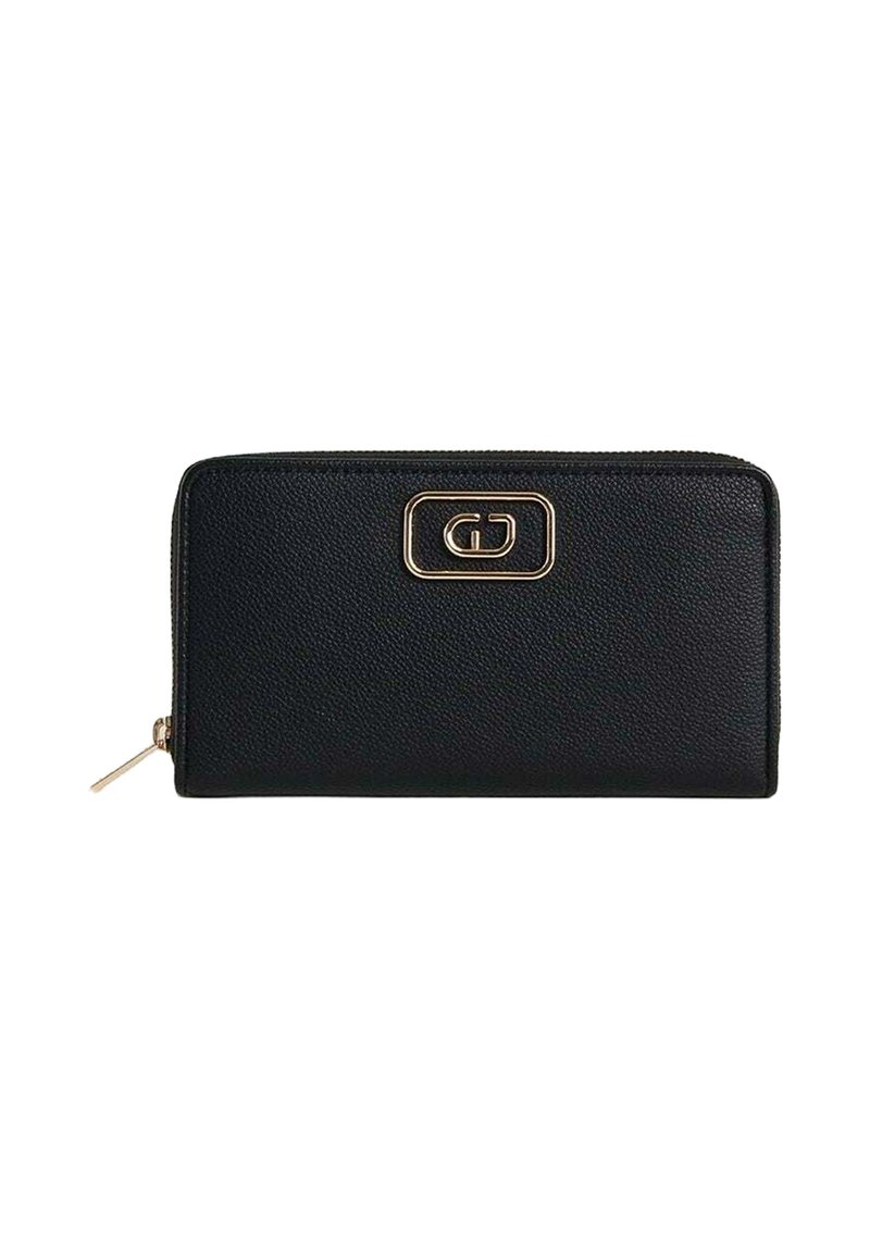 Portafoglio nero realizzato in materiale testurizzato, con una chiusura e un tirante della cerniera in tonalità dorata. Design rettangolare liscio con accenti minimalisti.