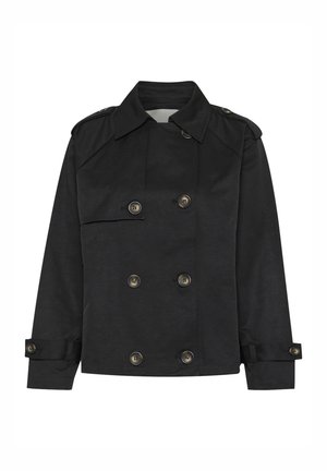Schwarze doppelte Jacke mit Kragen, aus strukturiertem Stoff gefertigt. Verfügt über große Knöpfe und verstellbare Manschetten.