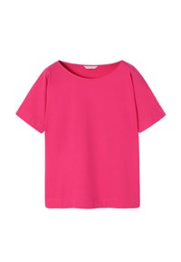 Camiseta rosa de manga corta con cuello redondo. Tejido de algodón suave, con un corte holgado y dobladillo recto. Sin patrones ni elementos metálicos visibles.