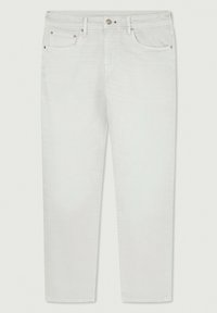 Jeans de denim blanco con un diseño clásico de cinco bolsillos, corte recto y costuras sutiles. Se pueden ver el botón de metal y los remaches.