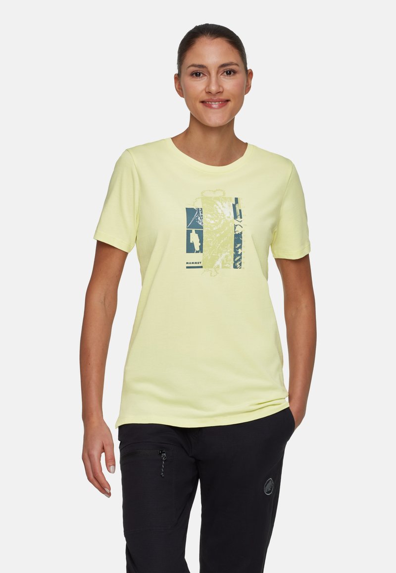 Lichtgele t-shirt met korte mouwen en een grafisch ontwerp in blauw en groen. Gemaakt van zacht materiaal, met een ronde hals en een relaxed fit.