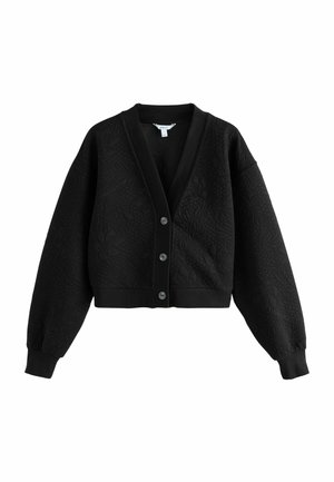 Schwarze Knopfleiste-Cardigan mit subtilen floralen Steppmustern, gerippten Bündchen, Saum und V-Ausschnitt, vor weißem Hintergrund dargestellt.